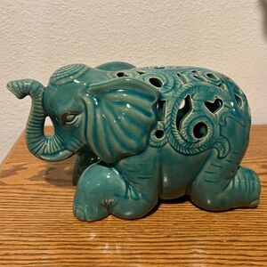 Teal Ceramic Open Fretwork Good Luck Elephant Figurine